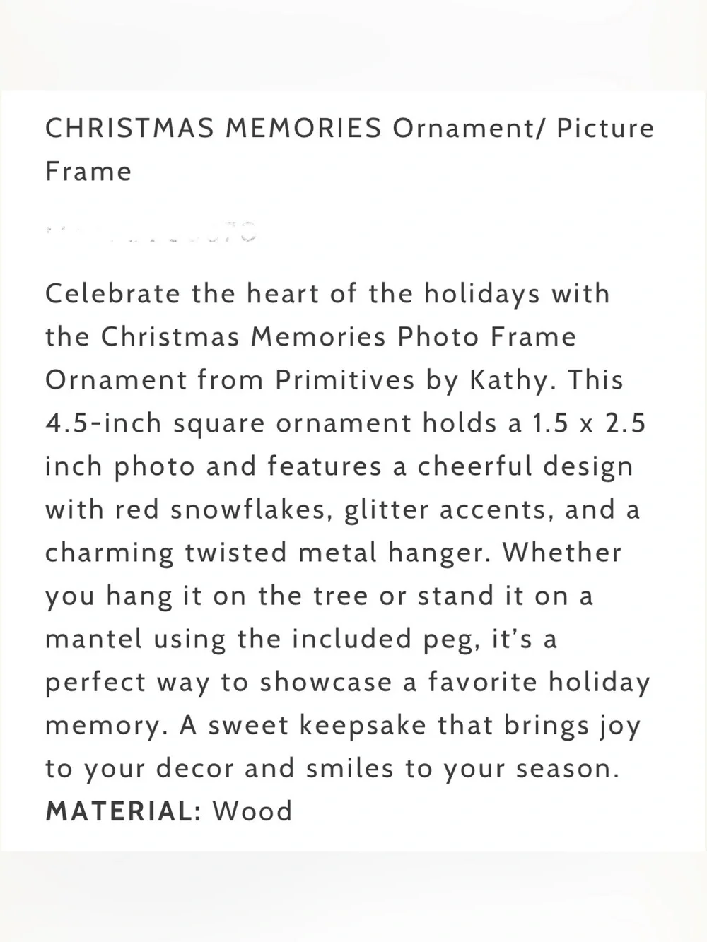 PRIMITIVES BY KATHY➕Christmas Memories Ornament NWOT